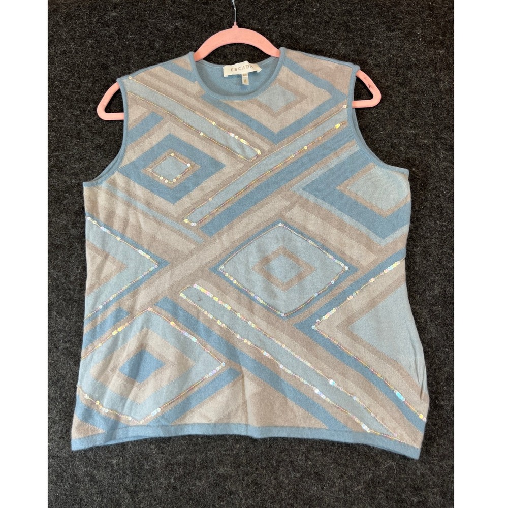 VTG 90s Escada Wool Cashmere Sweater Vest Womens 40 Blue Sequin Geometric Knit